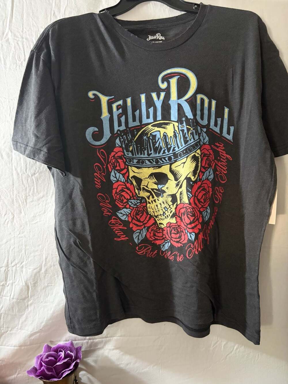 Jelly Roll Beautifully Broken Skull Rose Tour Graphic T-Shirt Black Medium